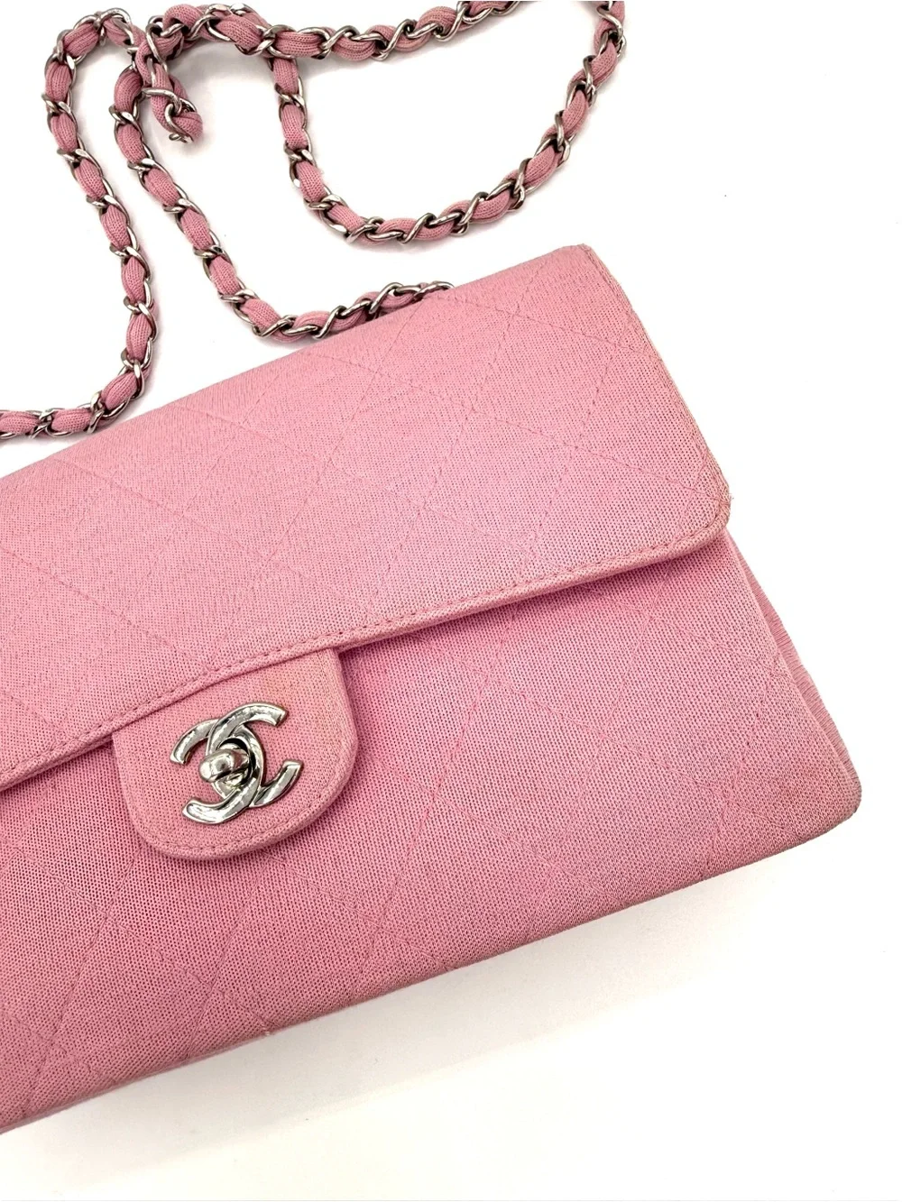 CHANEL Pink Quilted Flap Shoulder Bag with Silver Chain